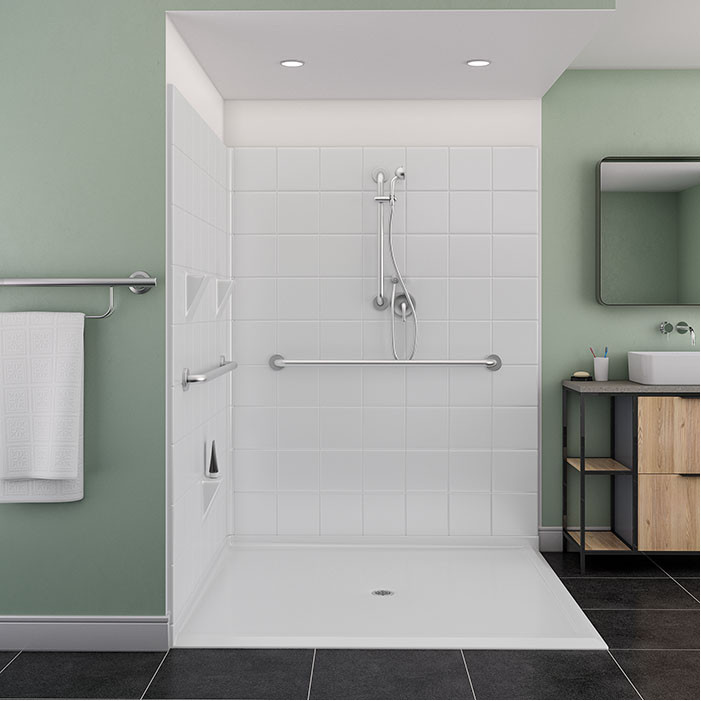 3 piece accessible corner shower with accessories  in a room set