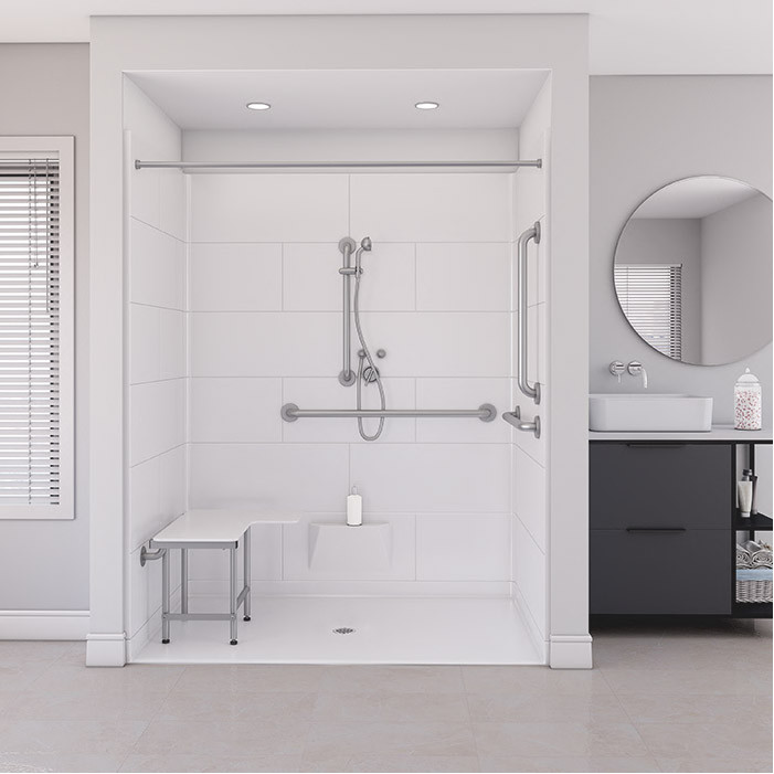 large ADA roll-in shower stall in a bathroom 