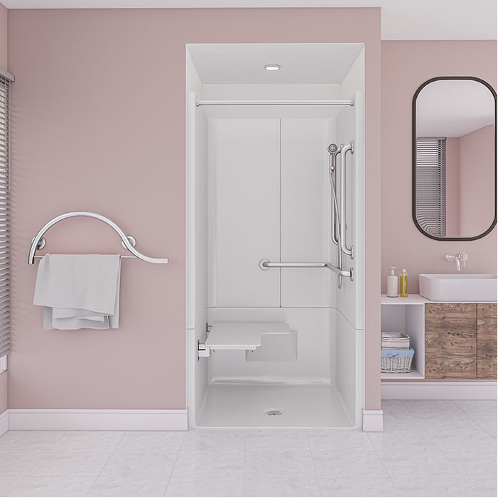 ADA transfer shower stall with ADA compliant accessories 