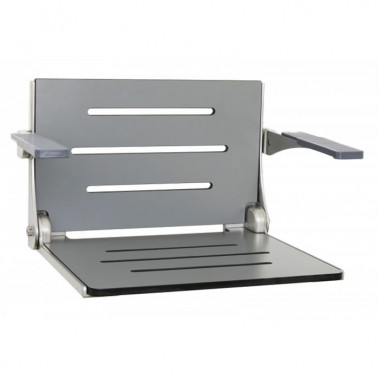 Gray shower seat with backrest and silver frame with padded arms 19 x 16 inch  folding Decorator Shower Seat