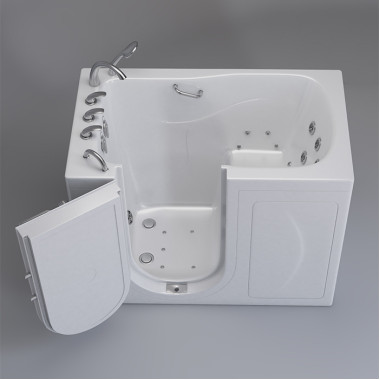  White walk in tub 30 x 52 with Hydro Jets, U shaped door, Left drain, image on grey background.
